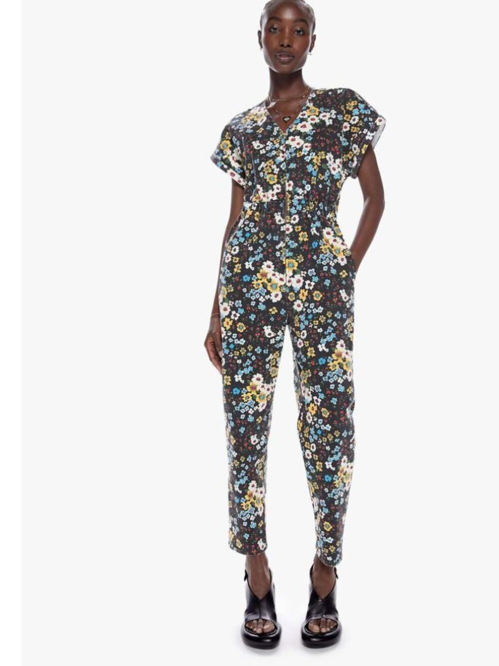 MOTHER Denim Zip Front Jumpsuit in Pushing Daisies Print